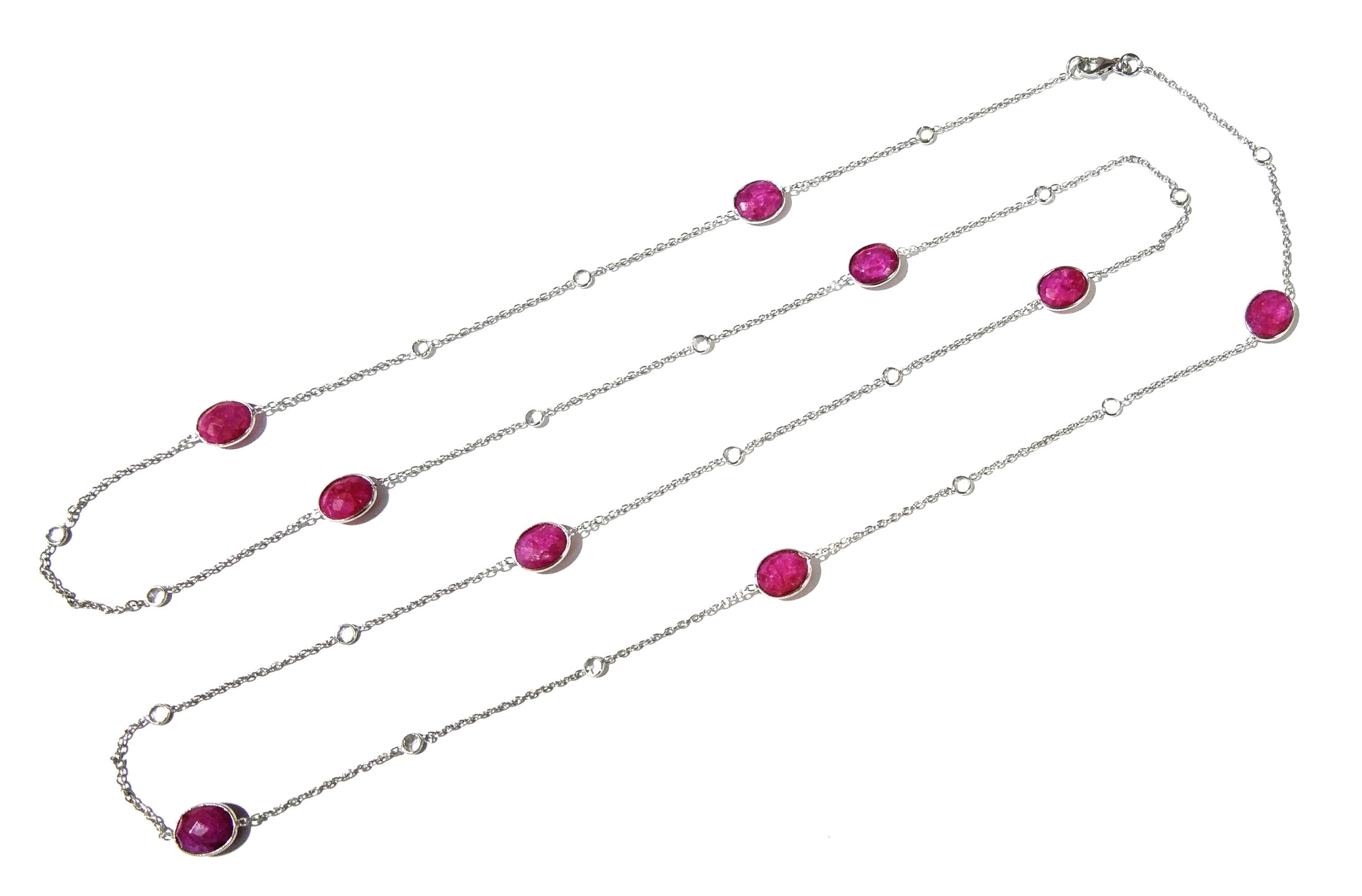 Ruby Necklace in 925 Sterling Silver With Zircon Polky Necklace, Handmade Bezel Necklace 40" Inches Length.